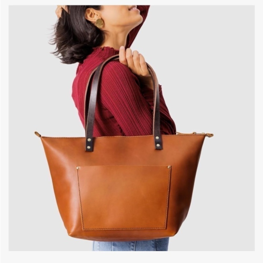 Portland Leather Goods Zip Top Tote Bag Artisan Leather Handbag Brown Medium - Picture 2 of 16